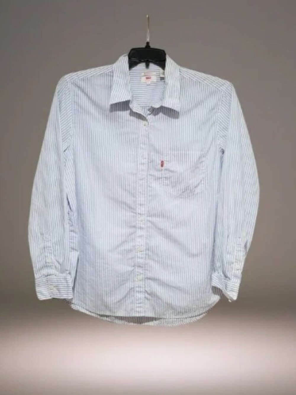 Levis Womens Large Boyfriend Fit Shirt Blue White Stripe 100% Cotton Button Up